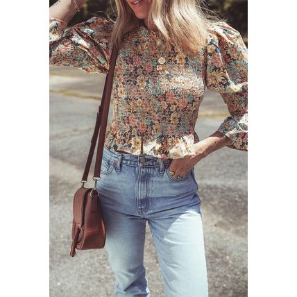 Yellow Floral Print Smocked Bubble Sleeve Ruffled Crop Top