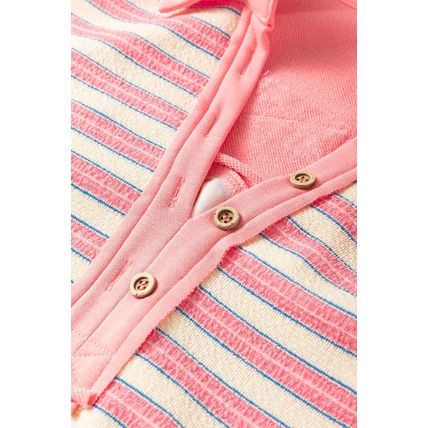 Pink Stripe Buttoned V Neck Collared Drop Shoulder Top