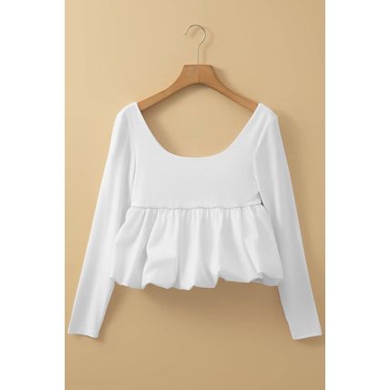 White U Neck Long Sleeve Bubble Hem Top