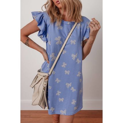 Sky Blue Bow Knot Print Crewneck Ruffled Sleeve Shift Mini Dress