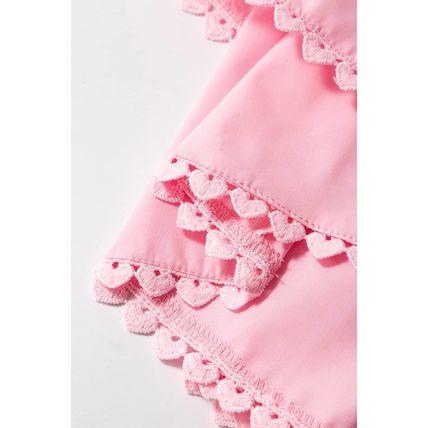 Pink Tiered Heart Trim Square Neck Flutter Top