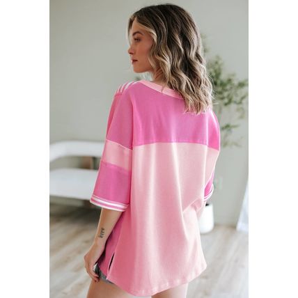 Pink Stripe Color Block Patchwork Loose Half Sleeve T Shirt