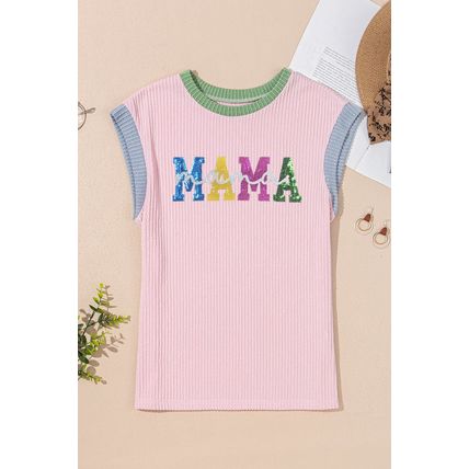 Pink Sequined MAMA Graphic Corded Rib Knit Colorblock T Shirt
