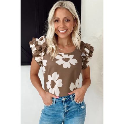 Brown Floral Textured Ruffled Short Sleeve Square Neck Blouse