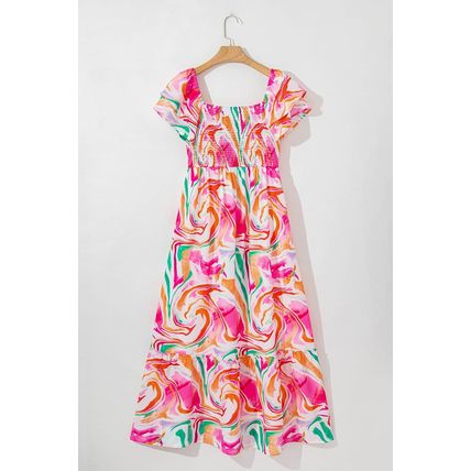 Pink Abstract Print Ruffled Sleeve Smocked Bust Maxi Dress