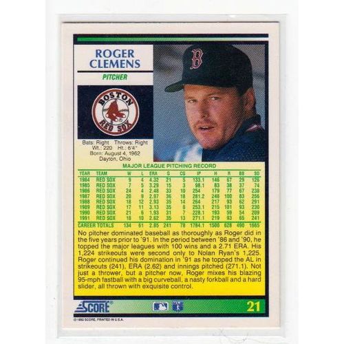 1992 Score Roger Clemens baseball card #21 – Red Sox