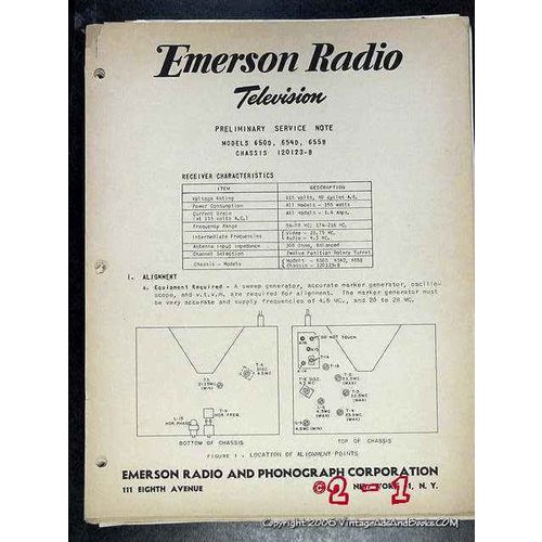 EMERSON 1950 TV models 650D 654D 655D service note television