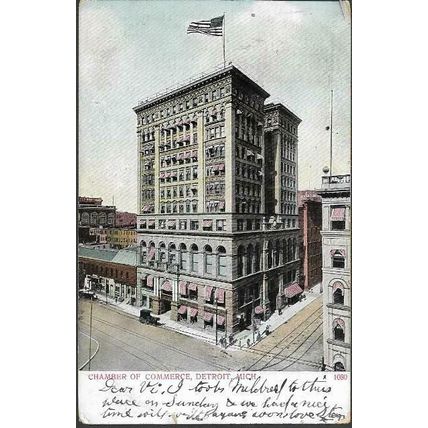 Detroit, Michigan - Chamber of Commerce - postcard, stamp, Cleveland pmk 1910