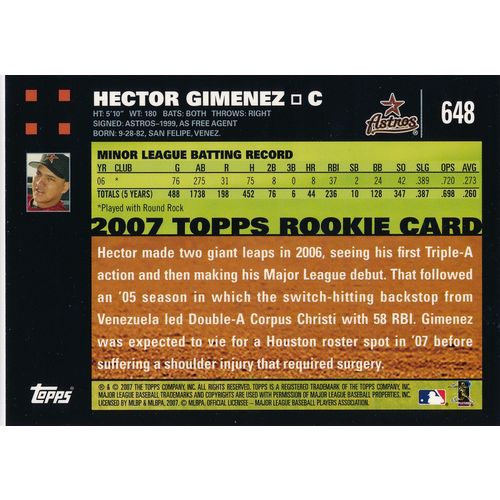 2007 Topps Baseball 648 Hector Gimenez RC Houston Astros