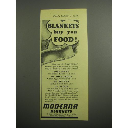 1948 Moderna Blankets Ad - Blankets buy you food!