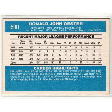 1982 Donruss baseball card 500 Ron Oester
