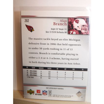 2007 Upper Deck ALAN BRANCH (Arizona Cardinals) Star Rookie Card #202
