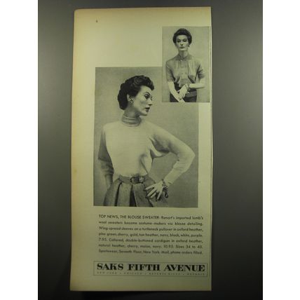 1951 Saks Fifth Avenue Renart Blouse Sweater Advertisement - Top news