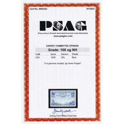 C20, Mint NH Superb GEM 25¢ With PSAG Graded 100 Certificate - Stuart Katz