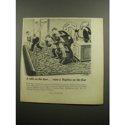 1955 Bigelow Carpets Ad - cartoon by Syd Hoff - A title on the door
