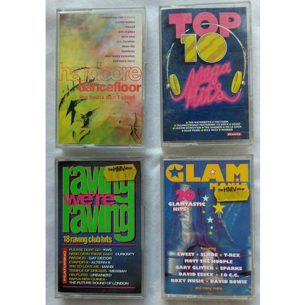 4 VINTAGE CASSETTES GLAM, RAVING, HARDCORE & MEGA-HITS IN EXCELLENT CONDITION