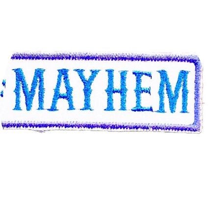 Biker Patch Mayhem Badge Iron On Blue & White 2cm x 9.7cm Motif Applique P595