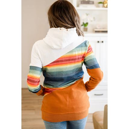 Brown Striped Colorblock Pocketed Hoodie