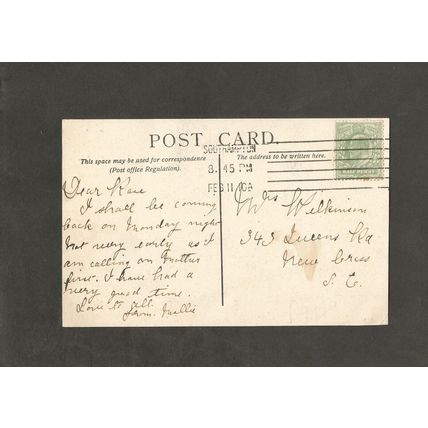 Genealogy Postcard Mrs Wilkinson 343 Queens Road New Cross London 1910