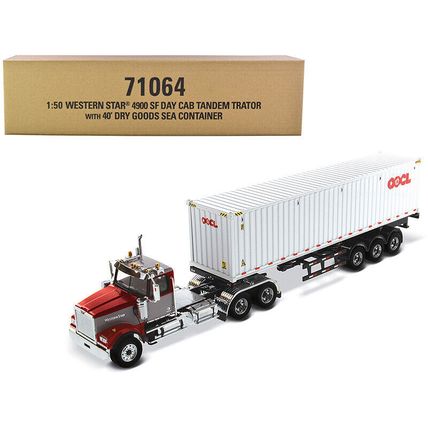 Western Star 4900 SF Tandem Day Cab Truck Tractor Red and Gray with 40' Dry G...