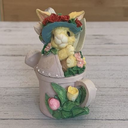 Vintage Bunny Rabbit Watering Can Lidded Trinket Box Tulips Roses Sun Bonnet Hat