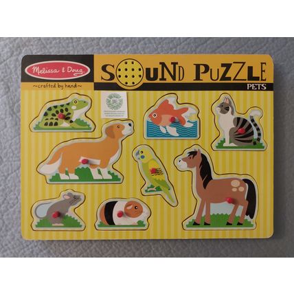 MELISSA & DOUG HANDCRAFTED PETS SOUND PUZZLE SHAPED PEG PIECES CAT DOG HORSE +