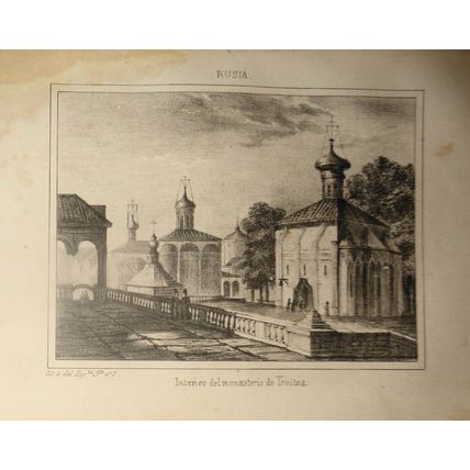 1840 Rusia - Interior del Monasterio de Troitza - original engraving.