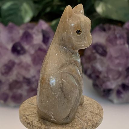 Soapstone Cat Figurine Crystal Carving Sitting Kitty Pet Figure Yellow Eyes 2.2"