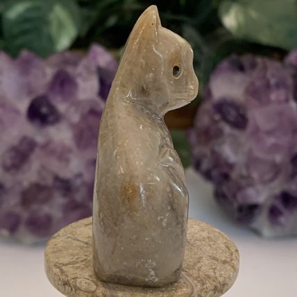 Soapstone Cat Figurine Crystal Carving Sitting Kitty Pet Figure Yellow Eyes 2.2"