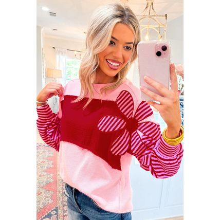 Pink Floral Patch Color Block Striped Sleeve Textured Top