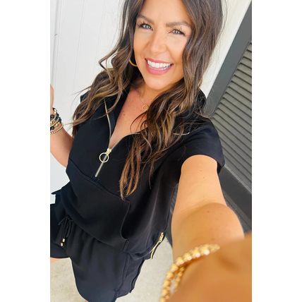 Black Textured Half Zip Kangaroo Pocket Top Drawstring Shorts Set