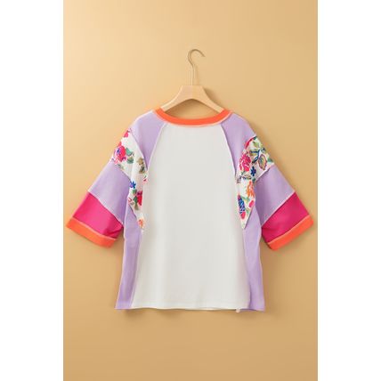 Sachet Pink Floral Color Block Patchwork 3/4 Sleeve Casual Blouse