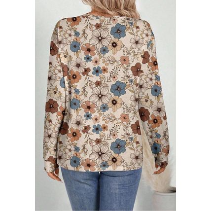 Khaki Floral Print Loose Crew Neck Long Sleeve T Shirt