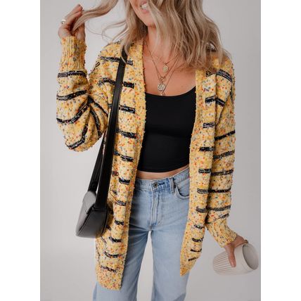 Beige Striped Pom Pom Knit Open Front Long Cardigan