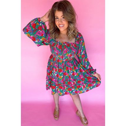 White Plus Size Floral Frilled Square Neck Shirred Long Sleeve Dress