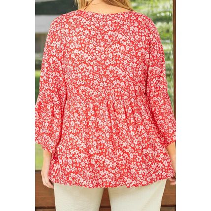 Red Plus Size Floral V Neck Flared Bracelet Sleeve Blouse