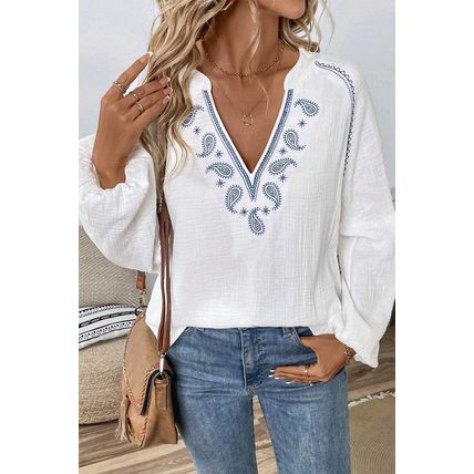 White Paisley Embroidered Textured Split Neck Long Puff Sleeve Blouse