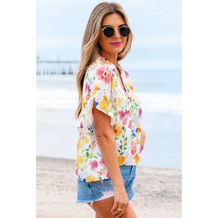 Yellow Floral Boxy Fit Ruffled Short Sleeve V Neck Blouse