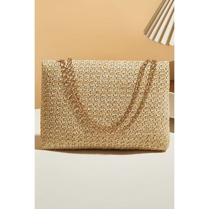 Camel Woven Chain Strap Flap Shoulder Bag