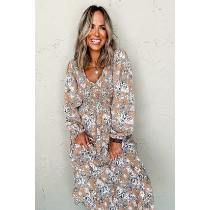 Khaki Maple Grove Floral Smocked Puff Sleeve Long Dress