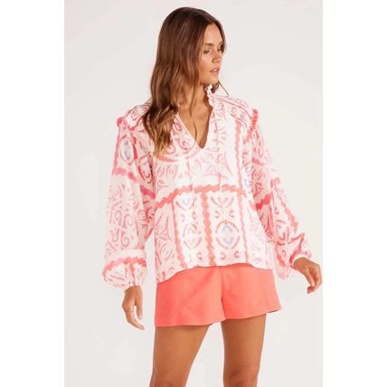 Desert Flower Vintage Print Smocked Poet Collar Billowy Blouson Sleeves Blouse