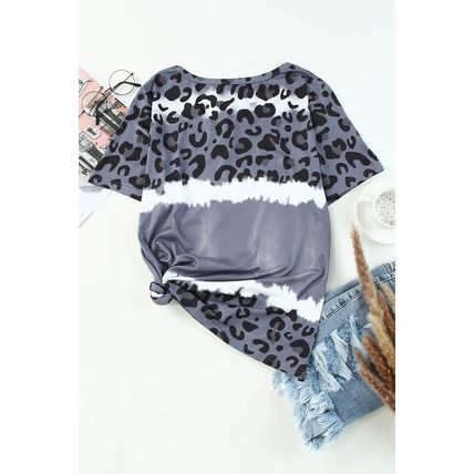 Gray Tie Dye Leopard Patchwork Short Sleeve Top