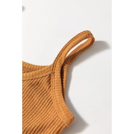 Straw Yellow Ribbed Front Knot Buttoned Thin Strap Tank Top