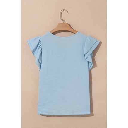 Mist Blue Solid Color Ruffled Short Sleeve Casual Blouse