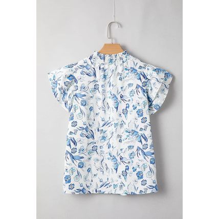 Sky Blue Floral Print Ruffled Short Sleeve Blouse