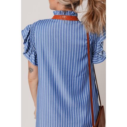 Sky Blue Stripe Frilly Split Neck Shirred Ruffle Sleeve Short Shift Dress