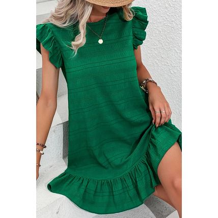 Dark Green Textured Flutter Sleeve Ruffled Mini Dress