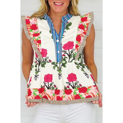 Pink Floral Print Tie Neck Striped Detail Flutter Sleeve Blouse