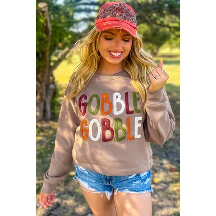 Dark Khaki GOBBLE Letter Graphic Thanksgiving Shift Sweatshirt