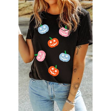 Black Chenille Pumpkin Patched Playful Halloween T Shirt